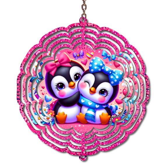 Pink Penguin Couple Wind Spinner, Valentine’s Day Yard Decor, Outdoor 3D Metal Spinner with Hearts, Wife Gift