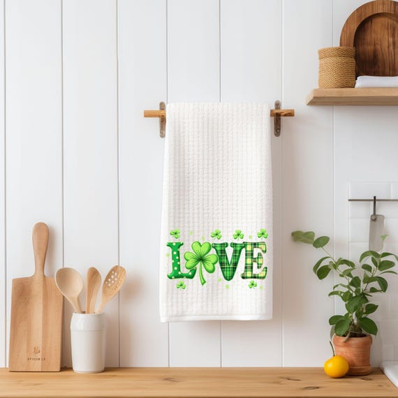 St Patrick’s Day Kitchen Towel | Shamrock Love Waffle Dish Towel | Irish Farmhouse Decor | Green Clover Hand Towel | Lucky Gift Idea