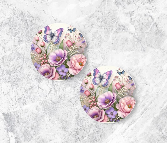 Butterfly Floral Car Coasters Set of 2, Neoprene Cup Holder Coasters, Cute Pink Purple Flower Car Accessories, Absorbent Car Coaster Gift