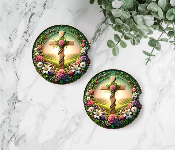 Easter Cross Car Coasters Set of 2 | Christian Floral Neoprene Car Coasters | Religious Spring Auto Accessory | Faith Gift for Women