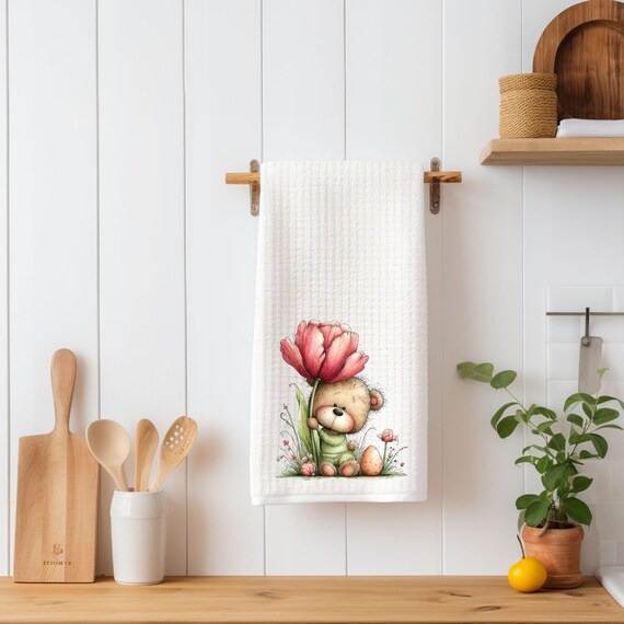 Easter Teddy Bear Kitchen Towel | Spring Tulip Waffle Towel | Farmhouse Easter Decor | Cute Bear with Flower | Easter Gift for Mom