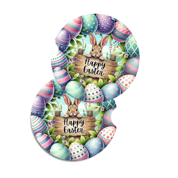 Happy Easter Car Coasters Set of 2 | Neoprene Bunny Cup Holder Inserts | Pastel Easter Egg Car Decor | Spring Auto Accessory Gift