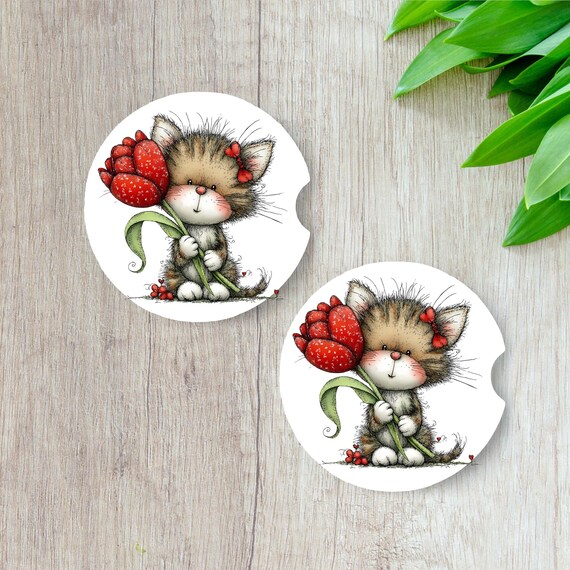 Cute Kitten Car Coasters | Set of 2 Neoprene Car Cup Holder Coasters | Cat Lover Gift