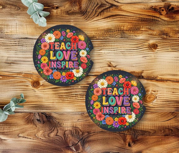 Teach Love Inspire Car Coasters Set of 2, Teacher Appreciation Gift, Floral Teacher Neoprene Car Coasters, Colorful Teacher Gift