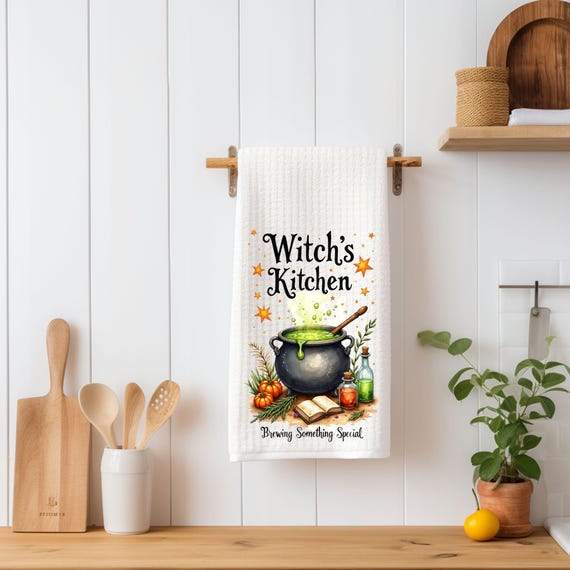 Witch's Kitchen Tea Towel | Brewing Something Special Kitchen Towel | Halloween Kitchen Decor | Cottage Witch Decor | Apothecary Kitchen