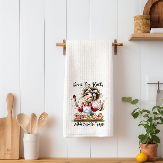 Deck the Halls, Holiday Kitchen Decor, Waffle Kitchen Towel, Christmas, Coworker Gift