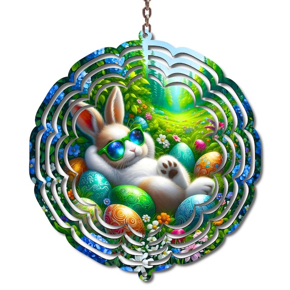 Easter Bunny Wind Spinner with Colorful Eggs | 10 Inch Metal Garden Spinner | Cute Spring Yard Decor | Easter Outdoor Decoration