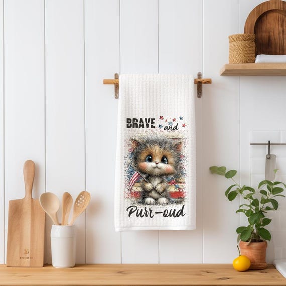 Brave and Purr-oud Kitchen Towel | Patriotic Cat Tea Towel | Cat Lover Kitchen Decor | Fourth of July Farmhouse Towel | Cat Mom Gift