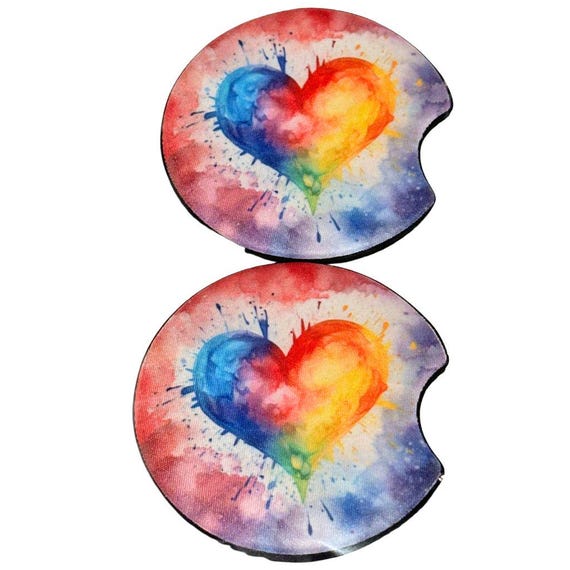 Rainbow Heart Neoprene Car Coasters, Set of 2, Stocking Stuffer, Christmas, Daughter Gift
