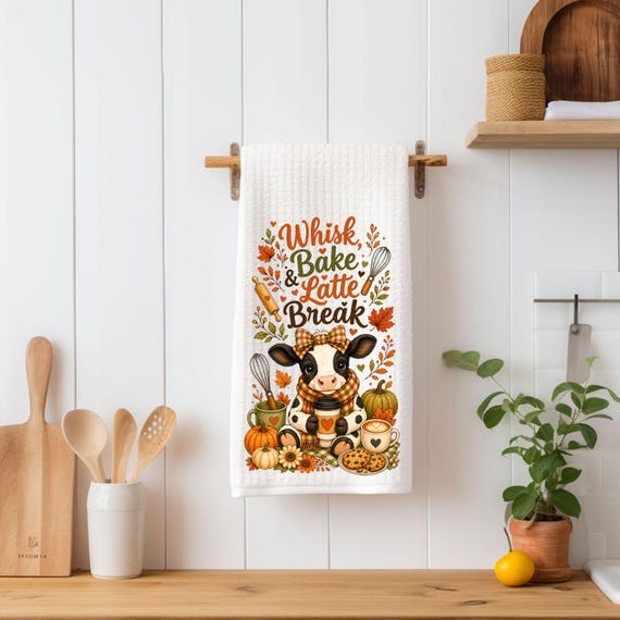 Whisk Bake Latte Break Kitchen Towel | Highland Cow Fall Tea Towel