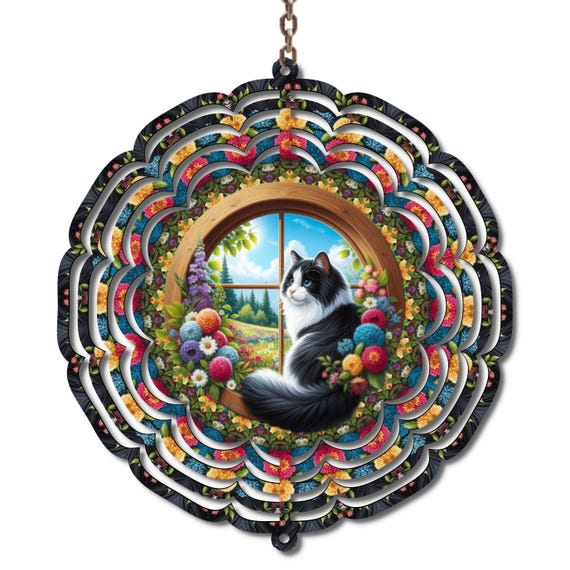 Black and White Cat Wind Spinner 10 Inch | Floral Cat Garden Decor | Cottagecore Outdoor Hanging Spinner | Cat Lover Gift Porch
