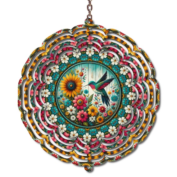 Hummingbird Sunflower Wind Spinner, Colorful Garden Decor, Floral Yard Art, Summer Outdoor Hanging Spinner, Bird Lover Gift, Boho Garden Art