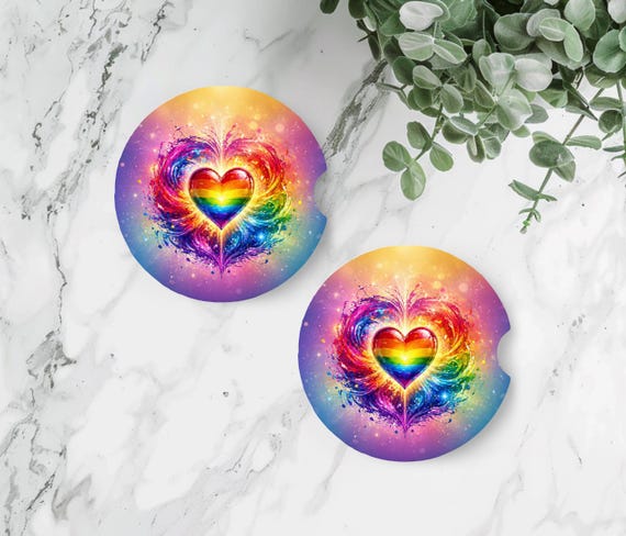 Rainbow Heart Car Coasters Set of 2, LGBTQ Pride Car Coasters, Colorful Neoprene Cup Holder Coasters, Pride Gift, Rainbow Car Accessories