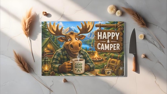 Happy Camper Glass Cutting Board, Moose Camping Kitchen Decor, Rustic Cabin Cutting Board, Camping Lover Gift, Woodland Kitchen Decor