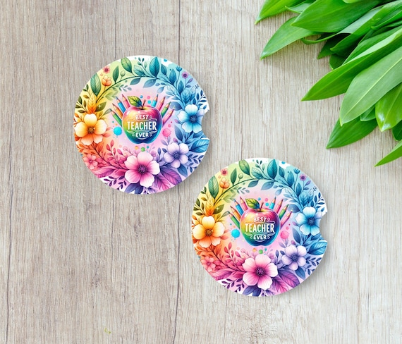 Best Teacher Ever Car Coasters Set of 2, Teacher Appreciation Gift, Floral Neoprene Car Coasters, End of School Year Gift