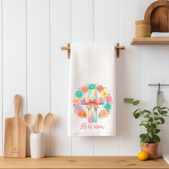 He Is Risen Kitchen Towel | Easter Christian Cross Decor | Spring Floral Faith Tea Towel
