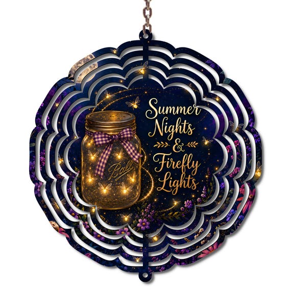 Summer Nights & Firefly Lights Wind Spinner | Firefly Garden Decor | Summer Outdoor Hanging Decoration | Mason Jar Fireflies