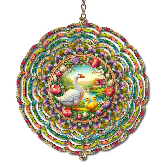 Goose Duckling Wind Spinner, Spring Farmhouse Decor, Easter Garden Decor, Cottagecore Yard Art, Floral Outdoor Hanging Decor, Country Gift