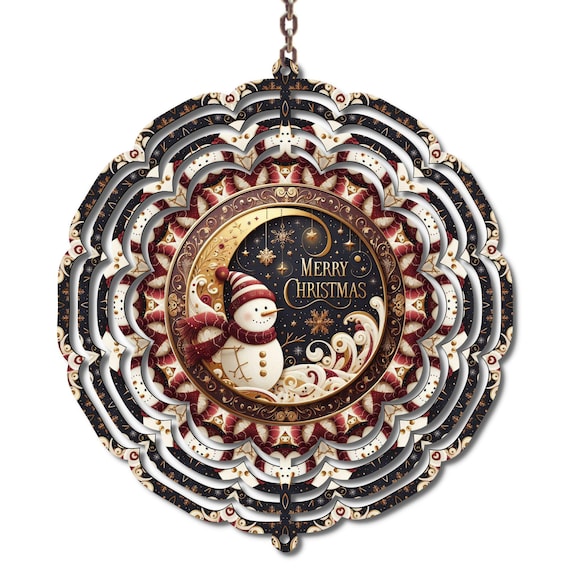 Merry Christmas Snowman Wind Spinner, 10 Inch Metal Holiday Decoration, Mom Gift
