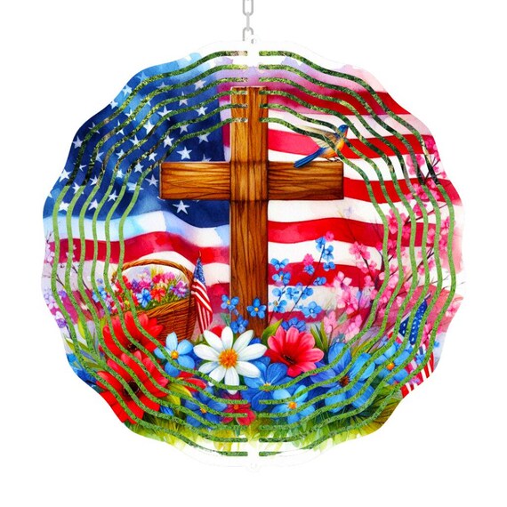 Red White and Royal Blue Wind Spinner, Cross Wind Spinner, Christian, USA, Veteran Gift