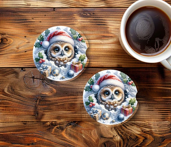 Christmas Owl Car Coasters, Owl Lover Gift, Christmas, Grandma Gift