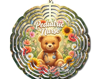 Pediatric Nurse Wind Spinner, Cute Teddy Bear Nurse Gift, Pediatric RN Decor, Children's Nurse Appreciation Gift, Floral Garden Spinner