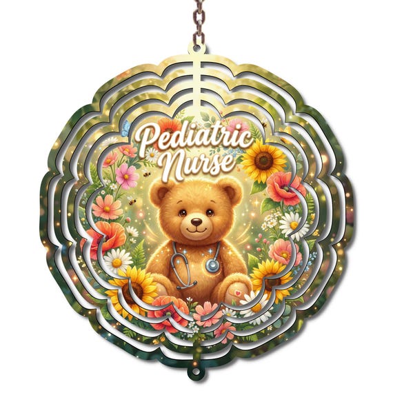 Pediatric Nurse Wind Spinner, Cute Teddy Bear Nurse Gift, Pediatric RN Decor, Children's Nurse Appreciation Gift, Floral Garden Spinner