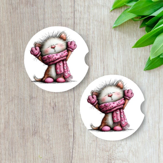 Cute Kitten Car Coasters Set of 2 | Pink Valentine Cat Car Cup Holder Coasters | Gift for Cat Lover