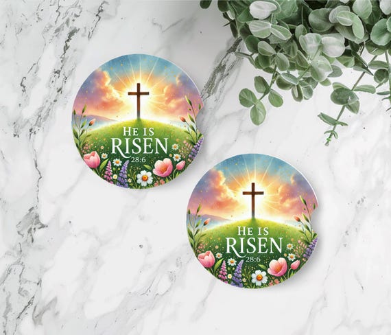He Is Risen Car Coasters Set of 2 | Easter Christian Neoprene Cup Holder Inserts | Matthew 28:6 Religious Car Decor | Faith Gift for Women