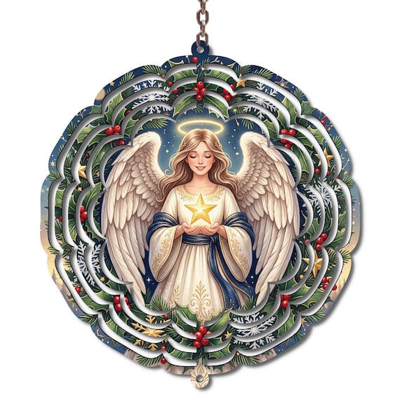 Christmas Angel Wind Spinner, 10-Inch, Golden Star, Ivory Wings