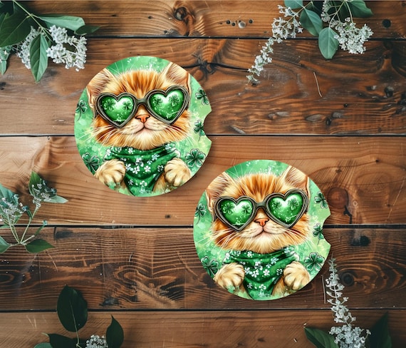 St. Patrick’s Day Cat Car Coasters Set of 2, Neoprene Car Coasters, Cute Cat, Mom Gift