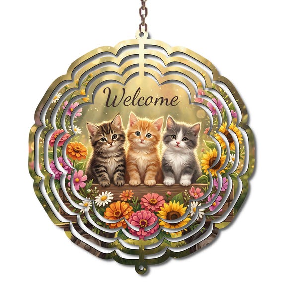 Welcome Cat Wind Spinner Kitten Garden Decor Outdoor Hanging Yard Decoration Cat Lover Porch Decor