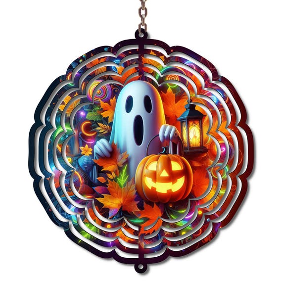 Halloween Ghost Wind Spinner, Pumpkin Fall Decor, Cute Spooky Garden Art, Autumn Outdoor Decoration, Jack O Lantern Yard Hanging, Fall Gift