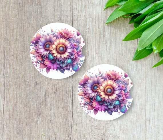 Floral Car Coasters, Neoprene Coasters, Secret Santa, Stocking Stuffers, Coworker Gift
