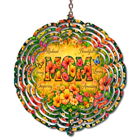 Floral MOM Wind Spinner, Tropical Garden Decor, Mother’s Day Metal Yard Art