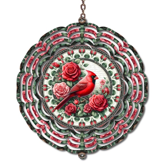 Cardinal with Red Roses Wind Spinner, Valentine's Day, Winter Decor, Wife Gift