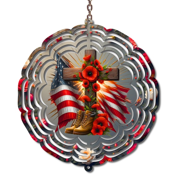 Patriotic Memorial Wind Spinner with Cross and Poppies | 10 Inch Metal Garden Spinner | Veteran Memorial Yard Decor | Remembrance