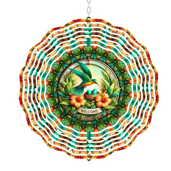 Tropical Bird Wind Spinner, Hummingbird Welcome, Garden decor, Metal Garden Spinner, Birthday, Grandma Gift