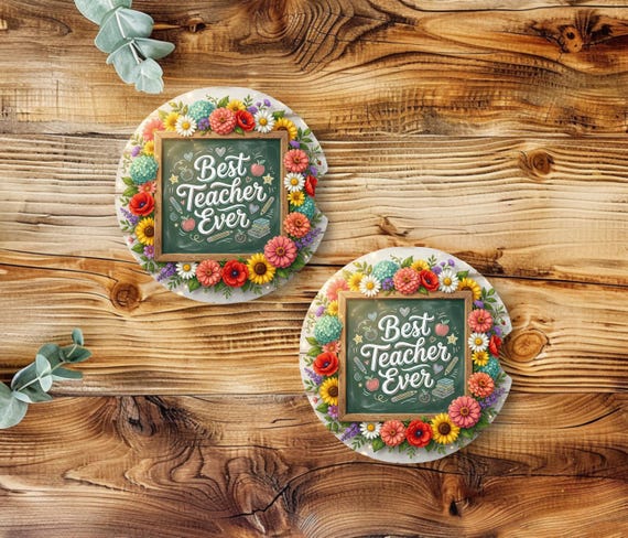 Best Teacher Ever Car Coasters Set of 2, Chalkboard Teacher Gift, Floral Teacher Appreciation Car Coasters, Neoprene Cup Holder Coasters