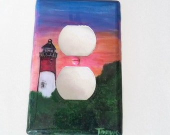 Lighthouse Theme Light Switch Plate Covers and Outlet Covers, Hand Painted Sunset-Sunrise Lighthouse Switch Plates, Painted Wall Plate Cover