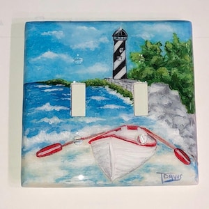 Lighthouse Boat Decorative Hand Painted Light Switch Plate Covers and Electrical Outlet Covers, Lake House, Lighthouse, Bathroom Decor,
