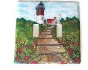 Lighthouse Wall Plate Covers, Hand Painted Nauset Lighthouse Switch Plates and Outlet Covers, Lighthouse Garden Painted Switch Plates