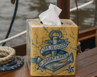 Nautical Theme Tissue Box Cover, Hand Painted Rustic Great Lakes  Home Decor Accessory, Custom Lake House Rules Art Facial Tissue Box