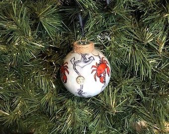Ocean Theme Ornament, Hand Made Whimsical Red Crab and Anchor Christmas Tree Decoration, Custom Painted Nautical Glass Bulb, Anchor Gift Box