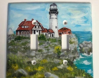 Hand Painted Lighthouse Light Switch Plate and Outlet Covers, Lighthouse Ocean Switch Plate Wall Plate Covers, Lighthouse Home Decor