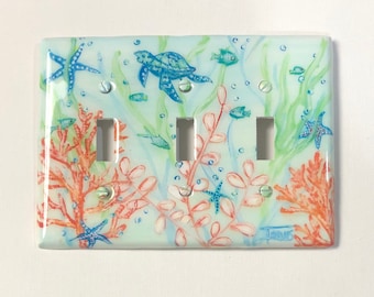 Ocean Sea Turtle and Coral Light Switch Plates and Outlet Covers, Hand Painted Decorative Wall Cover Plates, Coastal Nautical Home Accessory