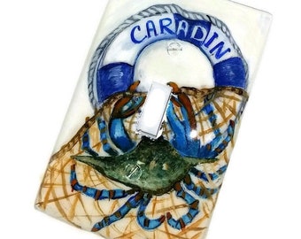 Hand Painted Blue Crab Light Switch Plates-Electrical Outlet Covers, Personalized Nautical Marine Life Art, Ocean Theme Wall Plate Covers
