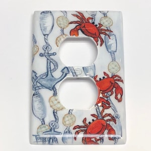 Red Crab Switch Plates, Hand Painted Nautical Ocean Theme Wall Plate Covers, Duplex Outlet Covers, Anchor Rope Fishing Floats Crab Art