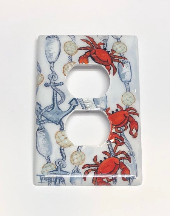 Red Crab Switch Plates, Hand Painted Nautical Ocean Theme Wall Plate Covers,  Duplex Outlet Covers, Anchor Rope Fishing Floats Crab Art 