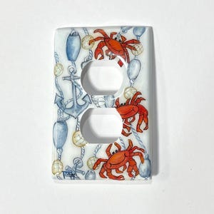 Red Crab Switch Plates, Hand Painted Nautical Ocean Theme Wall Plate Covers, Duplex Outlet Covers, Anchor Rope Fishing Floats Crab Art